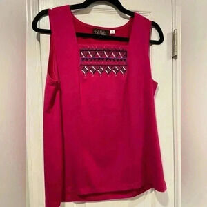 Bob Mackie Square Neck Hot Pink Metallic Embroidered Stretchy Tank Top Size S